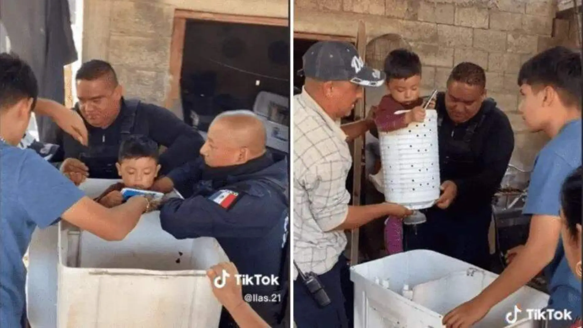 Niño se atora en lavadora y policías acuden al rescate